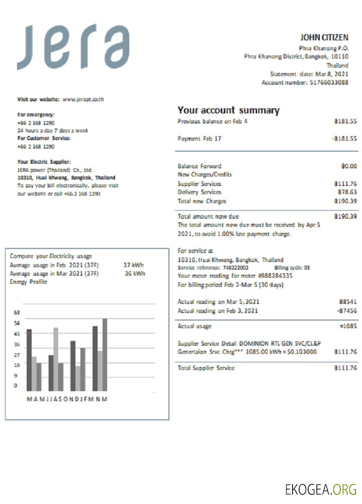 Thailand JERA power utility bill template in Word and PDF format
